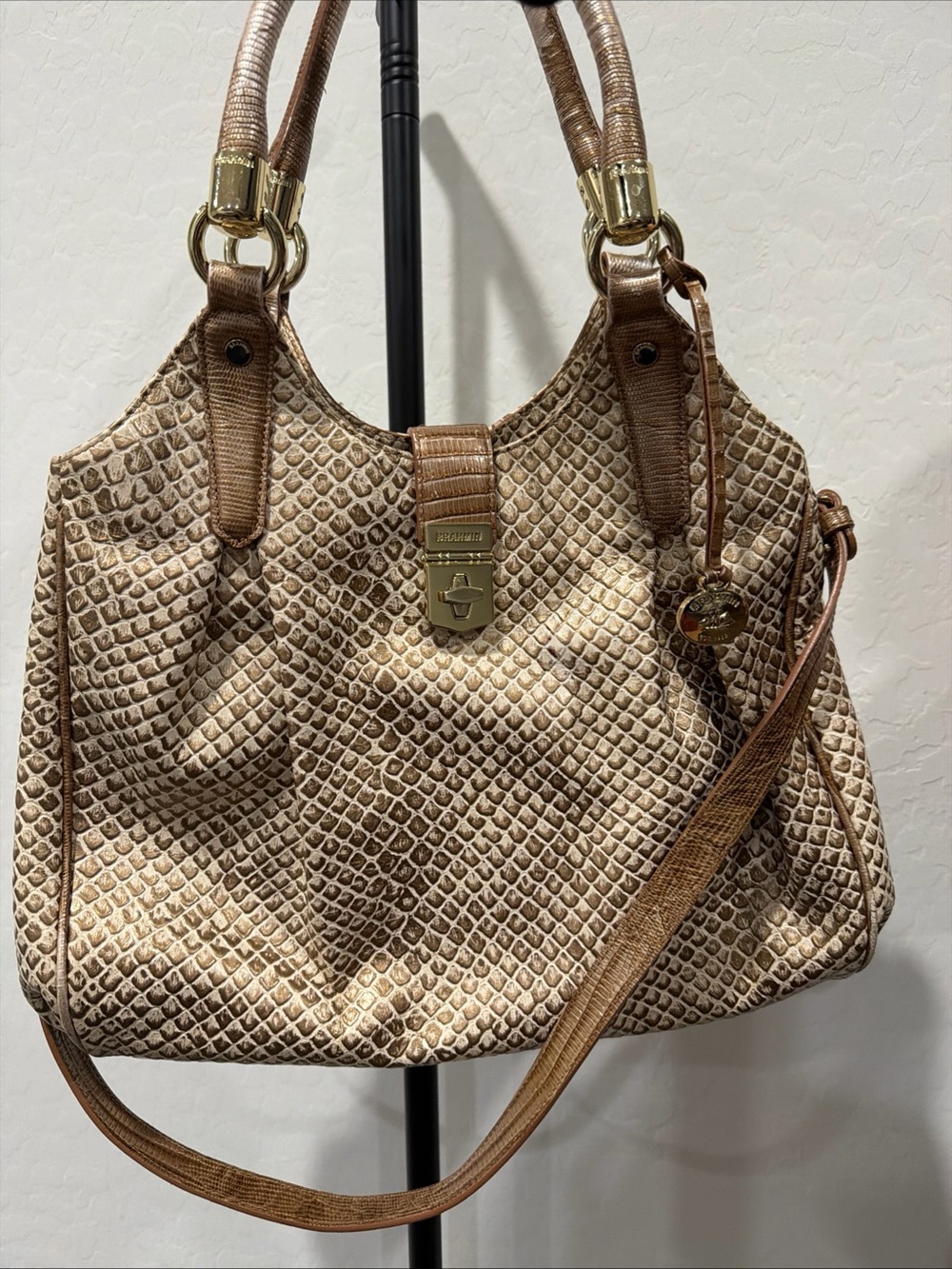 Brahmin Elisa Satchel/Shoulder Bag in Latte Java. Beige/Brown with Bronze